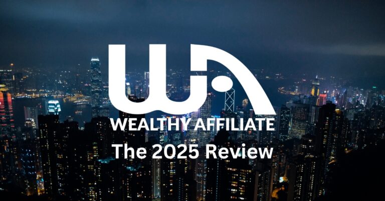 Wealthy Affiliate logo The 2025 Review on a city background