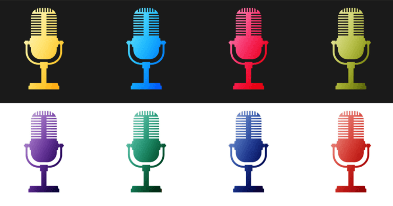 Set Microphone icon isolated on black and white background. On air radio mic microphone. Speaker sign. Vector.