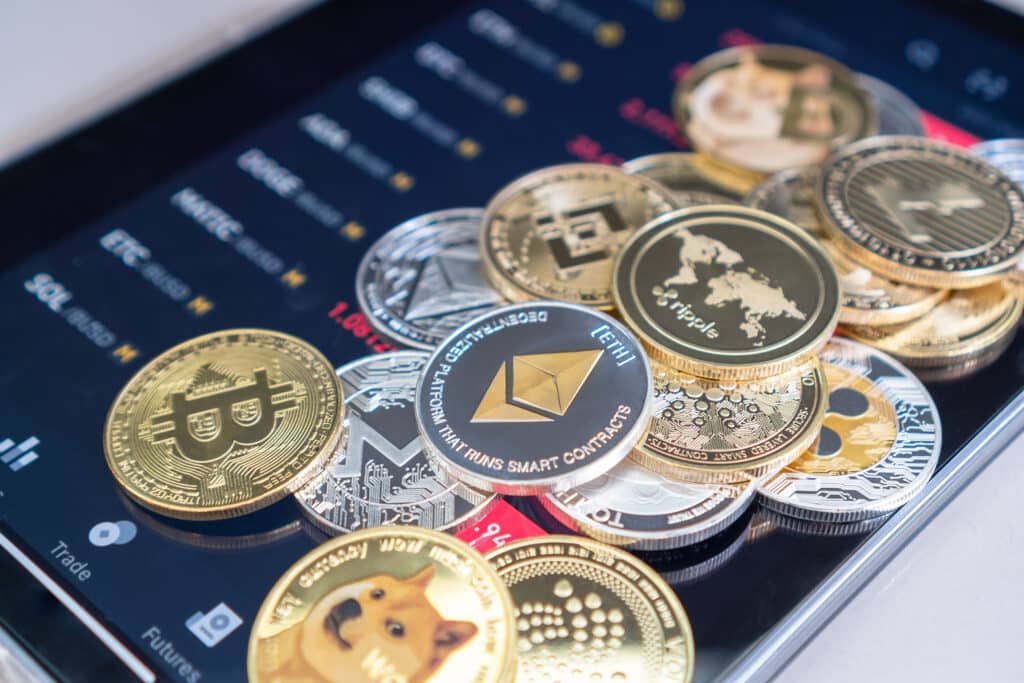 Cryptocurrency on Binance trading app, Bitcoin BTC with BNB, Ethereum, Dogecoin, Cardano, Litcoin, altcoin digital coin crypto currency defi p2p decentralised finance and fintech banking market