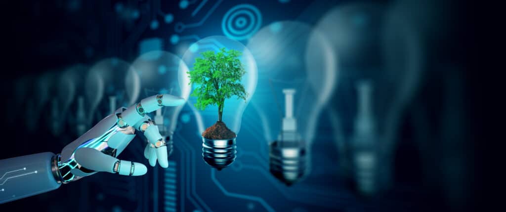 Robot hand pointing Tree in the Light bulb against nature.
