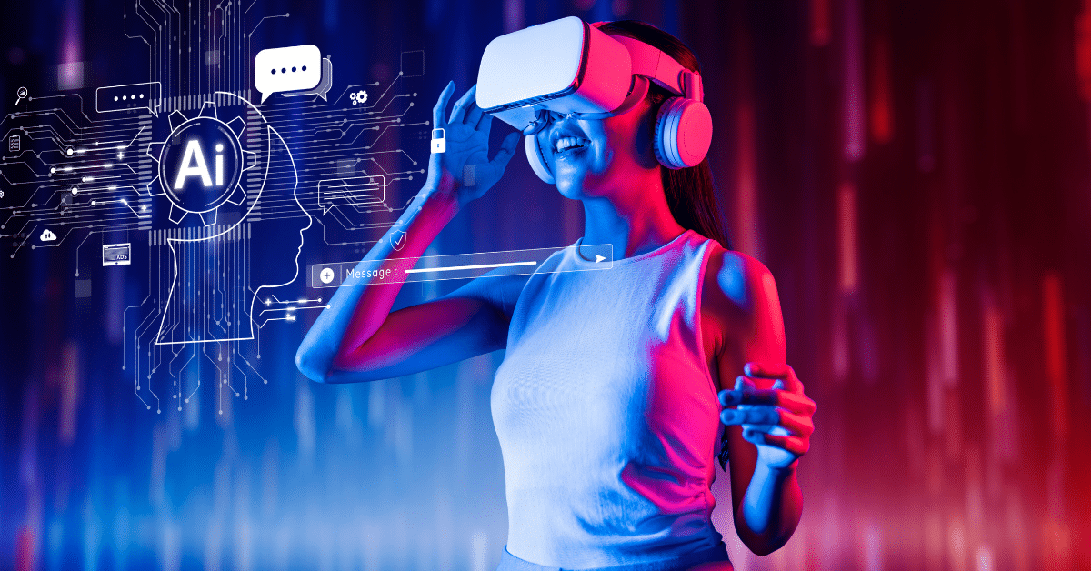 Virtual Reality, woman with VR headset on.