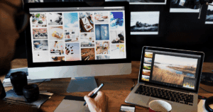 laptop with digital products on screen