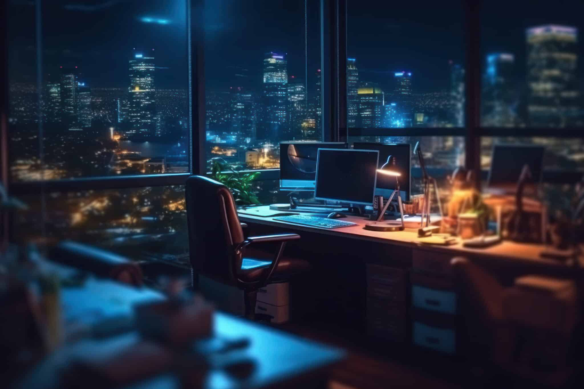 Office interior with night city view and computer on table. Workplace and lifestyle concept.